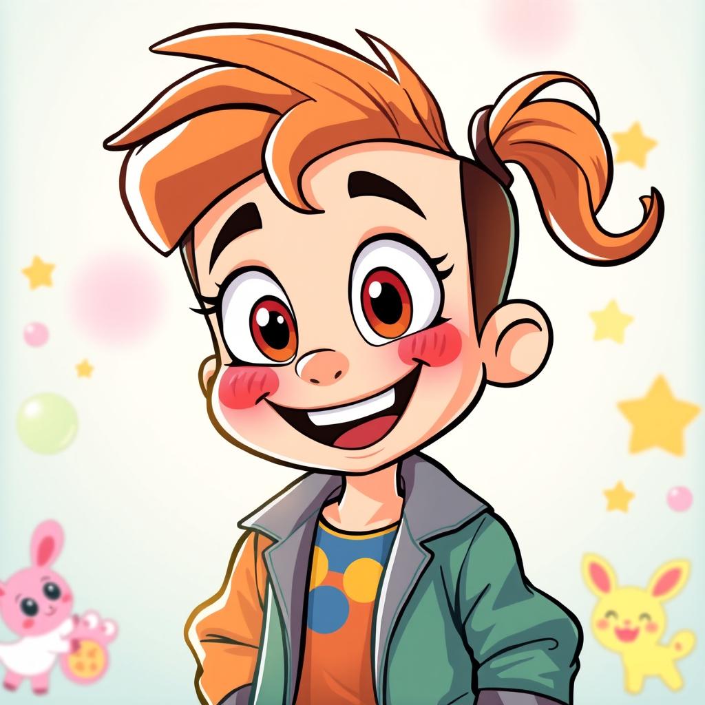 A vibrant and animated cartoon character inspired by the original image, featuring exaggerated features like large eyes, a big smile, and a playful demeanor