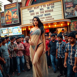 An Indian woman wearing a transparent saree over a strapless bikini, featuring voluptuous breasts and sexy legs, is gracefully standing amidst a lively and dense male crowd outside a vintage Indian cinema hall