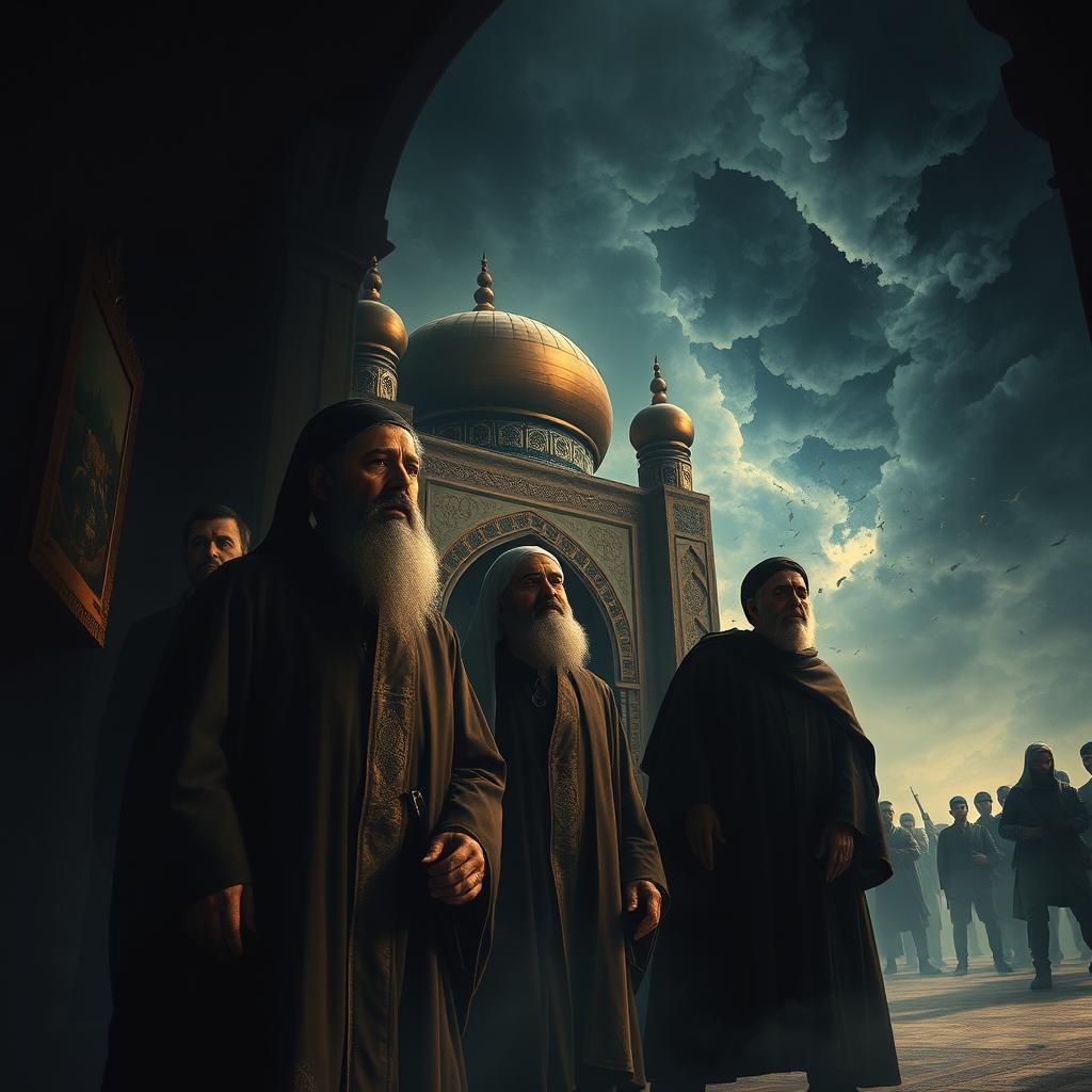 A dramatic and intense scene depicting a pivotal moment in a historical narrative, focusing on the last moments of Iranian clerics in a stylized, artistic interpretation