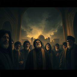 A dramatic and intense scene depicting a pivotal moment in a historical narrative, focusing on the last moments of Iranian clerics in a stylized, artistic interpretation