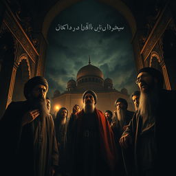 A dramatic and intense scene depicting a pivotal moment in a historical narrative, focusing on the last moments of Iranian clerics in a stylized, artistic interpretation
