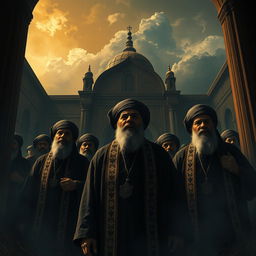 A dramatic and intense scene depicting a pivotal moment in a historical narrative, focusing on the last moments of Iranian clerics in a stylized, artistic interpretation