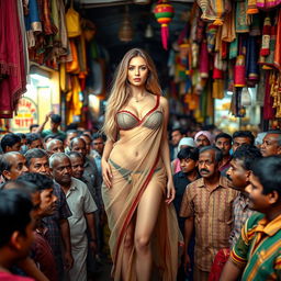 A stunning scene featuring a confident female with long, flowing blonde hair, wearing a transparent saree over a strapless bikini