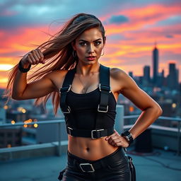 A powerful and confident woman wearing a strap-on harness, exuding strength and individuality