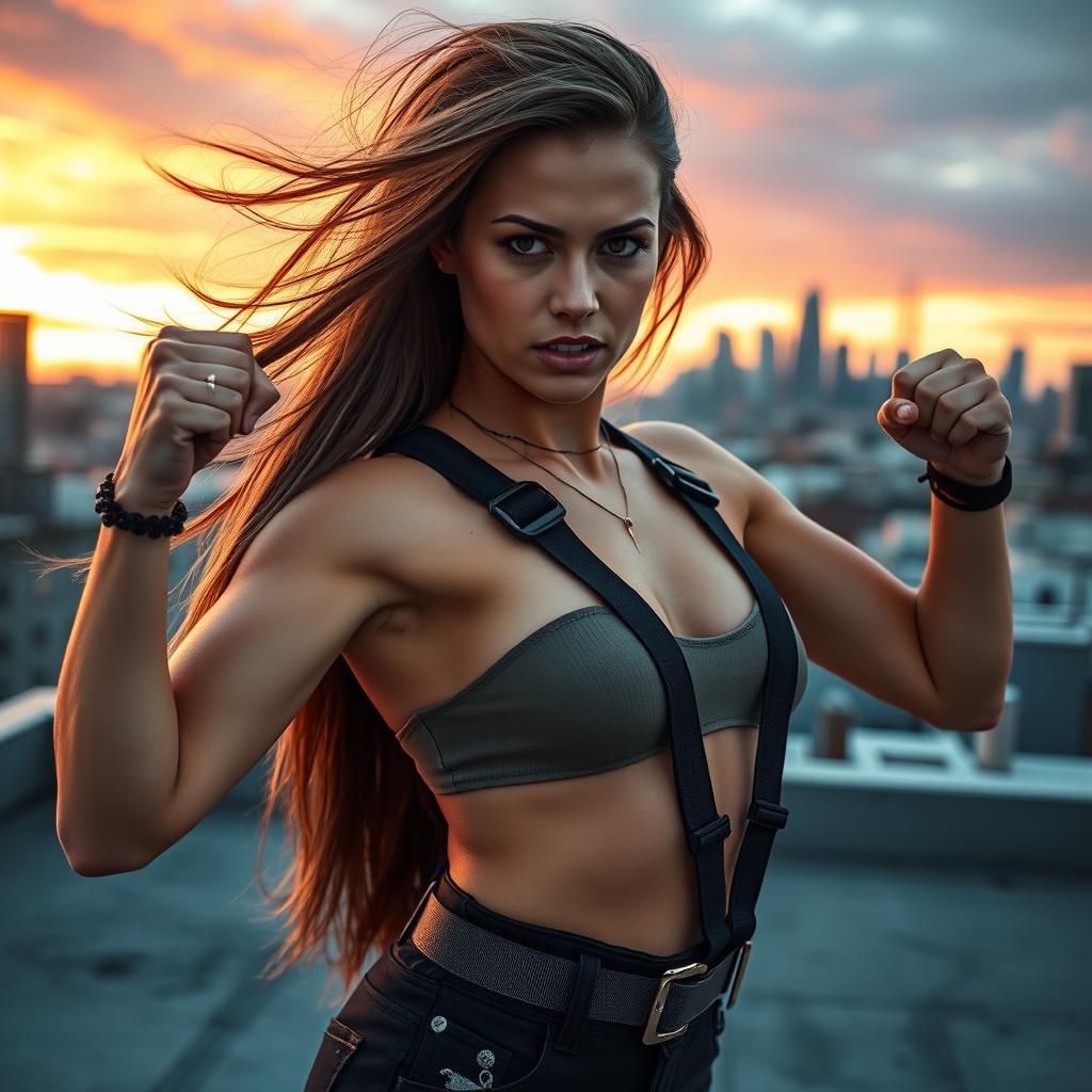 A powerful and confident woman wearing a strap-on harness, exuding strength and individuality