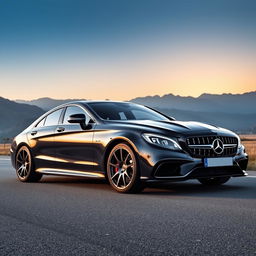 A sleek and powerful Mercedes-Benz CLS AMG 63 parked on a scenic road with mountains in the background