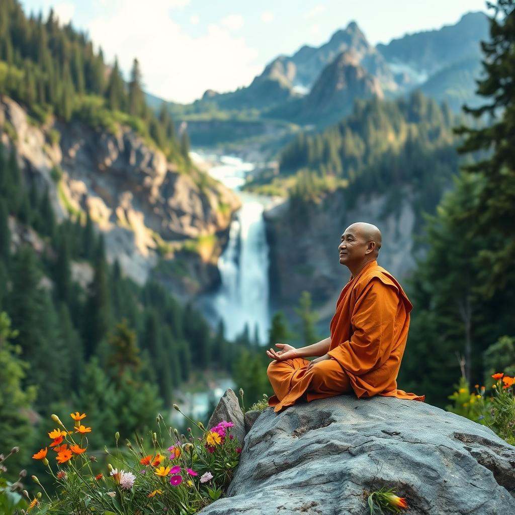 An idyllic scene of a monk meditating in the beautiful mountains, surrounded by lush woods and vibrant wildflowers