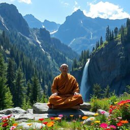 An idyllic scene of a monk meditating in the beautiful mountains, surrounded by lush woods and vibrant wildflowers