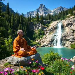 An idyllic scene of a monk meditating in the beautiful mountains, surrounded by lush woods and vibrant wildflowers