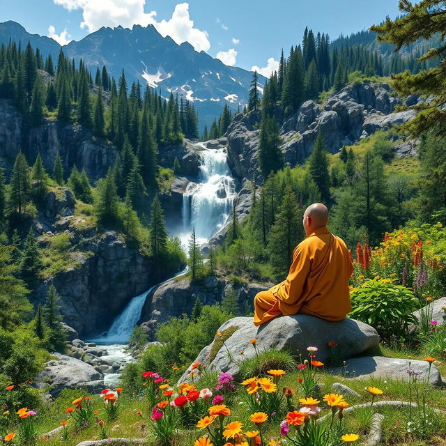 An idyllic scene of a monk meditating in the beautiful mountains, surrounded by lush woods and vibrant wildflowers