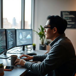 A focused individual, deeply engrossed in programming at a modern workspace