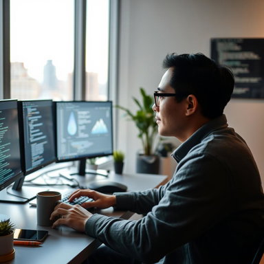 A focused individual, deeply engrossed in programming at a modern workspace