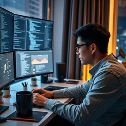 A focused individual, deeply engrossed in programming at a modern workspace