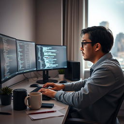 A focused individual, deeply engrossed in programming at a modern workspace