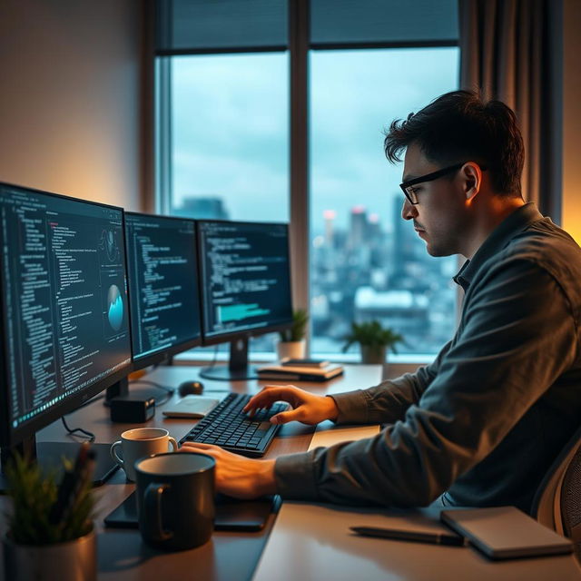 A focused individual, deeply engrossed in programming at a modern workspace