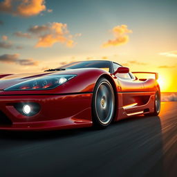A stunning cinematic image of a modern Ferrari F50, redesigned with contemporary aesthetics as if it were built in 2020
