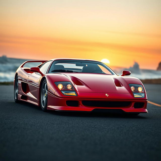 A stunning cinematic image of a modern Ferrari F50, redesigned with contemporary aesthetics as if it were built in 2020