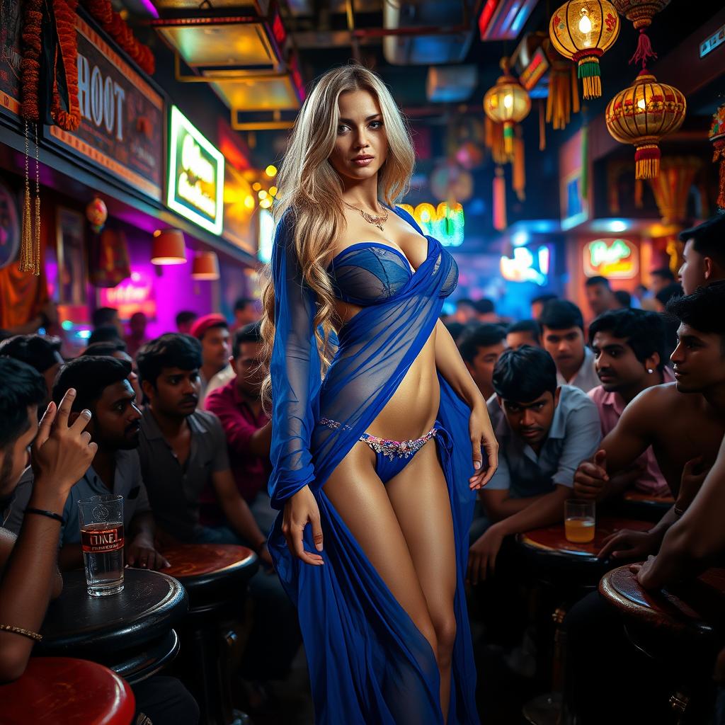 A captivating scene featuring a beautiful female fitness model with long, flowing blonde hair, elegantly adorned in a transparent blue saree that drapes over a strapless bikini, highlighting her big breasts and sexy legs