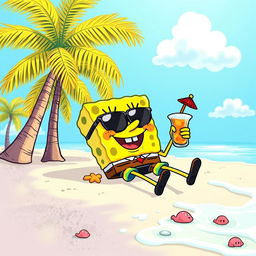 SpongeBob SquarePants relaxing on a sandy beach with palm trees swaying in the background, wearing sunglasses and a colorful beach outfit, holding a tropical drink with a little umbrella, bright blue sky above with a few fluffy white clouds, gentle waves lapping at the shore, playful sea creatures peeking out of the water, cheerful and vibrant color palette, cartoon style