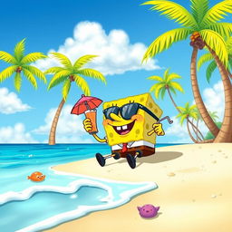 SpongeBob SquarePants relaxing on a sandy beach with palm trees swaying in the background, wearing sunglasses and a colorful beach outfit, holding a tropical drink with a little umbrella, bright blue sky above with a few fluffy white clouds, gentle waves lapping at the shore, playful sea creatures peeking out of the water, cheerful and vibrant color palette, cartoon style