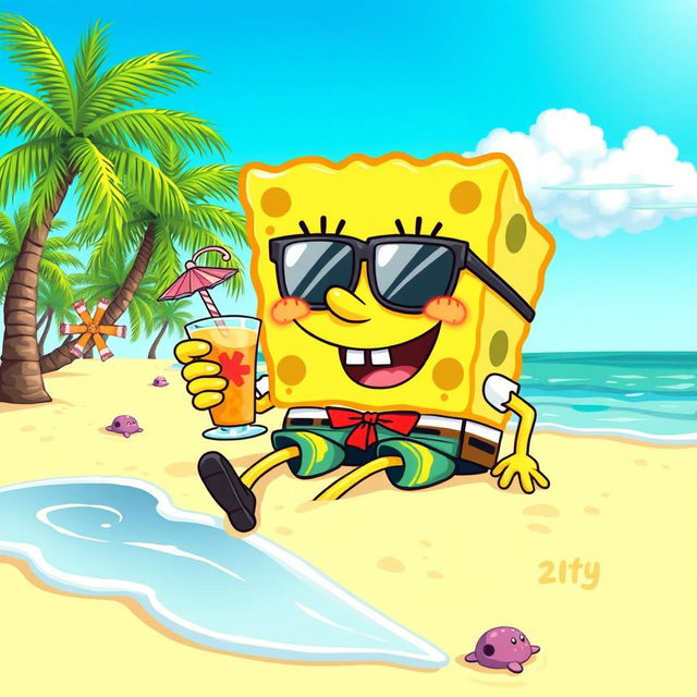 SpongeBob SquarePants relaxing on a sandy beach with palm trees swaying in the background, wearing sunglasses and a colorful beach outfit, holding a tropical drink with a little umbrella, bright blue sky above with a few fluffy white clouds, gentle waves lapping at the shore, playful sea creatures peeking out of the water, cheerful and vibrant color palette, cartoon style