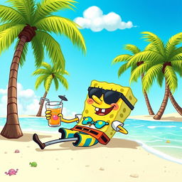 SpongeBob SquarePants relaxing on a sandy beach with palm trees swaying in the background, wearing sunglasses and a colorful beach outfit, holding a tropical drink with a little umbrella, bright blue sky above with a few fluffy white clouds, gentle waves lapping at the shore, playful sea creatures peeking out of the water, cheerful and vibrant color palette, cartoon style