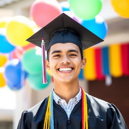 A proud young adult wearing a graduation cap, beaming with joy and excitement, surrounded by colorful balloons and a festive backdrop