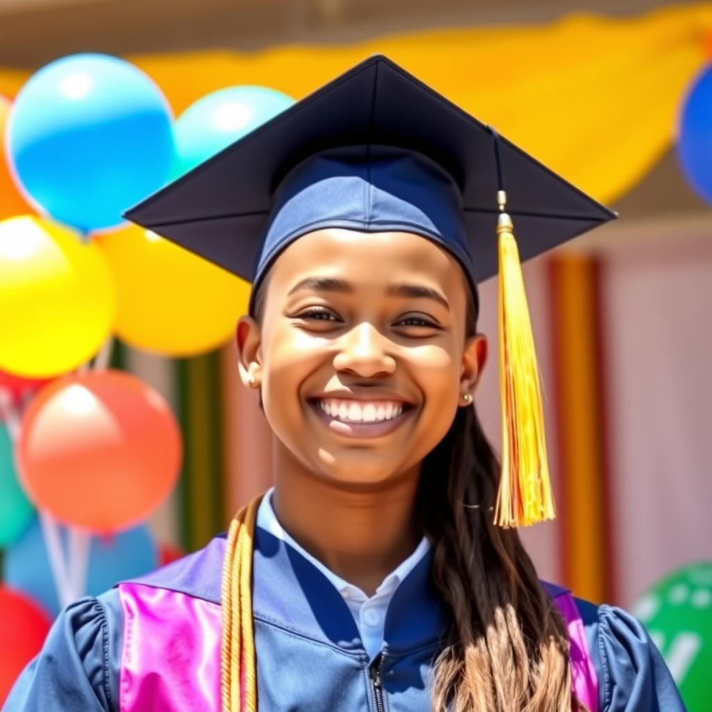 A proud young adult wearing a graduation cap, beaming with joy and excitement, surrounded by colorful balloons and a festive backdrop