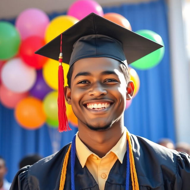 A proud young adult wearing a graduation cap, beaming with joy and excitement, surrounded by colorful balloons and a festive backdrop