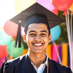 A proud young adult wearing a graduation cap, beaming with joy and excitement, surrounded by colorful balloons and a festive backdrop