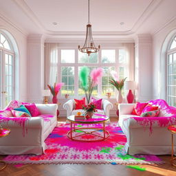 A stunning room interior design inspired by the Holi festival, featuring realistic rendering
