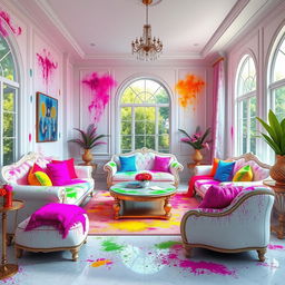 A stunning room interior design inspired by the Holi festival, featuring realistic rendering