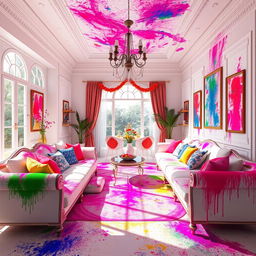 A stunning room interior design inspired by the Holi festival, featuring realistic rendering