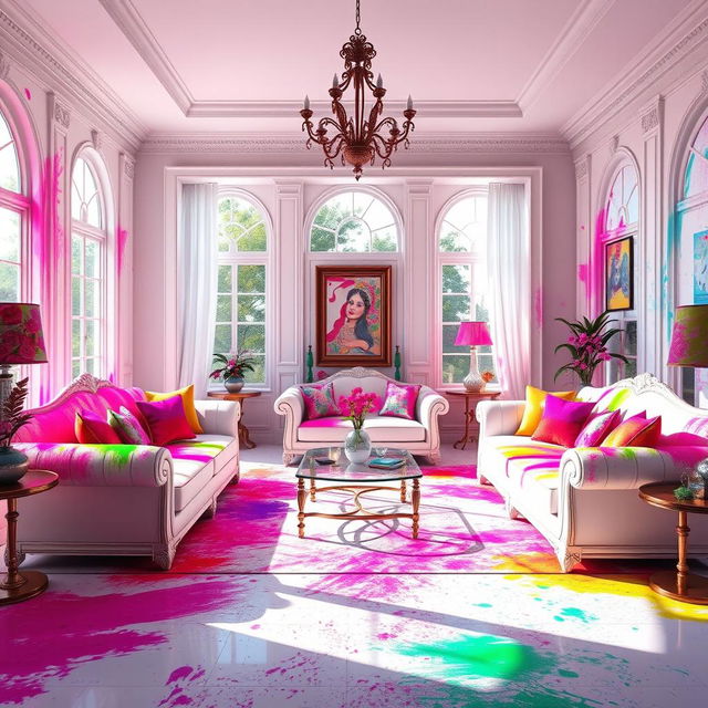 A stunning room interior design inspired by the Holi festival, featuring realistic rendering