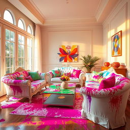 A beautifully decorated room interior that embodies the spirit of the Holi Festival