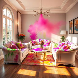 A beautifully decorated room interior that embodies the spirit of the Holi Festival