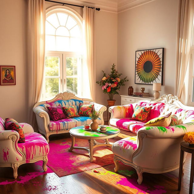 A beautifully decorated room interior that embodies the spirit of the Holi Festival