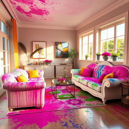 A beautifully decorated room interior that embodies the spirit of the Holi Festival