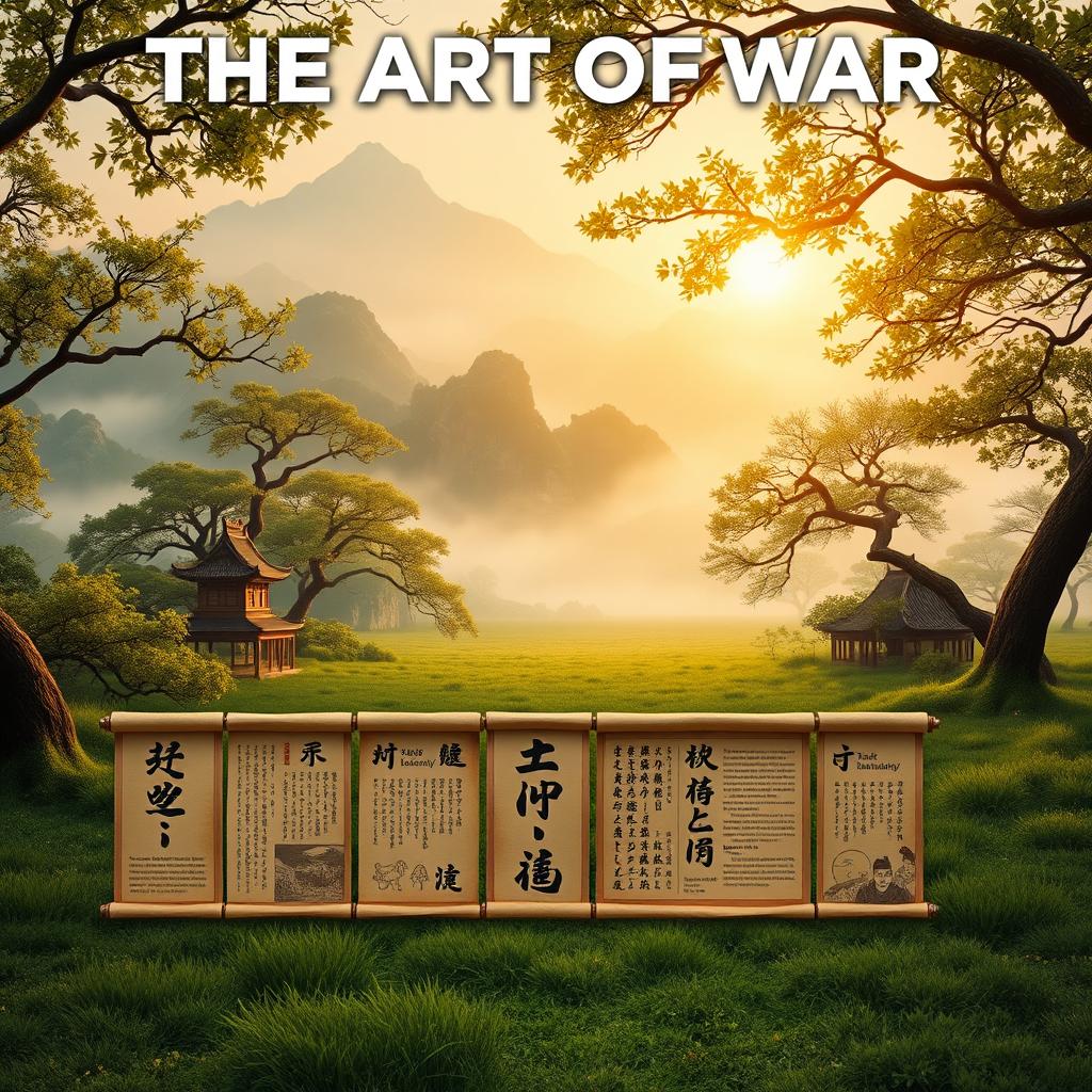 A symbolic and artistic representation of the top ten lessons from The Art of War by Sun Tzu, featuring a serene battlefield at dawn with a blend of ancient Chinese aesthetics