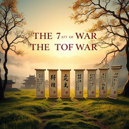 A symbolic and artistic representation of the top ten lessons from The Art of War by Sun Tzu, featuring a serene battlefield at dawn with a blend of ancient Chinese aesthetics