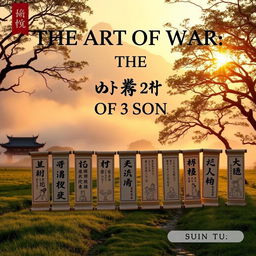 A symbolic and artistic representation of the top ten lessons from The Art of War by Sun Tzu, featuring a serene battlefield at dawn with a blend of ancient Chinese aesthetics