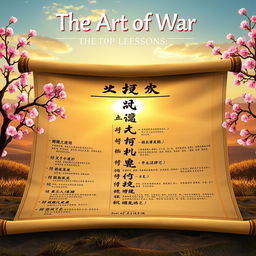 An insightful visualization of the top ten lessons from The Art of War by Sun Tzu, depicted through a peaceful yet powerful scene