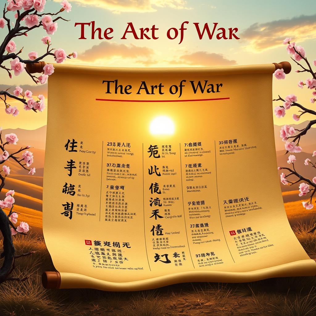 An insightful visualization of the top ten lessons from The Art of War by Sun Tzu, depicted through a peaceful yet powerful scene