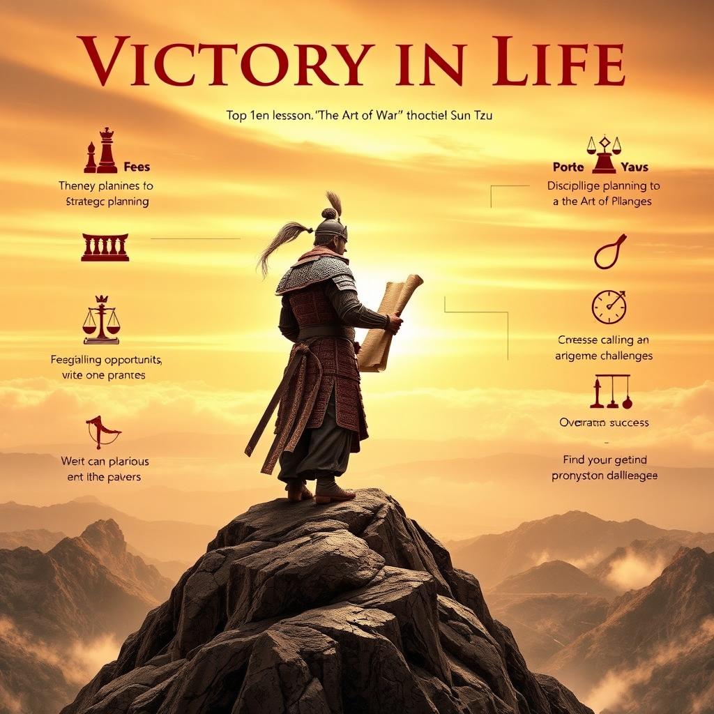 A visually striking and inspiring image representing the theme of 'Victory in Life' through the lens of 'The Art of War'