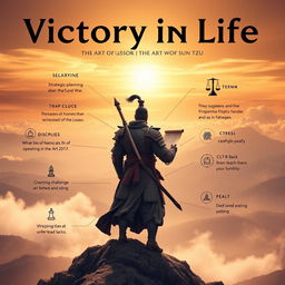 A visually striking and inspiring image representing the theme of 'Victory in Life' through the lens of 'The Art of War'