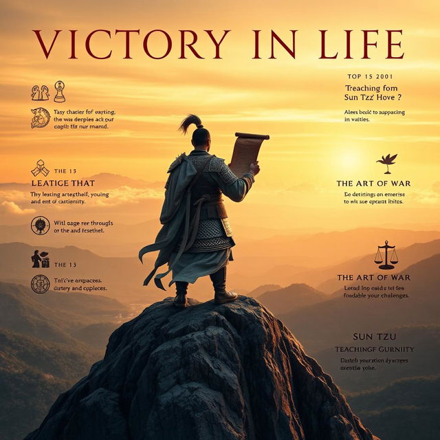 A visually striking and inspiring image representing the theme of 'Victory in Life' through the lens of 'The Art of War'