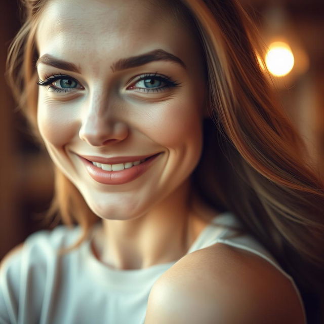 A close-up of a beautiful woman winking and smiling playfully, with captivating blue eyes and soft, radiant skin