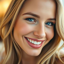 A close-up of a beautiful woman winking and smiling playfully, with captivating blue eyes and soft, radiant skin