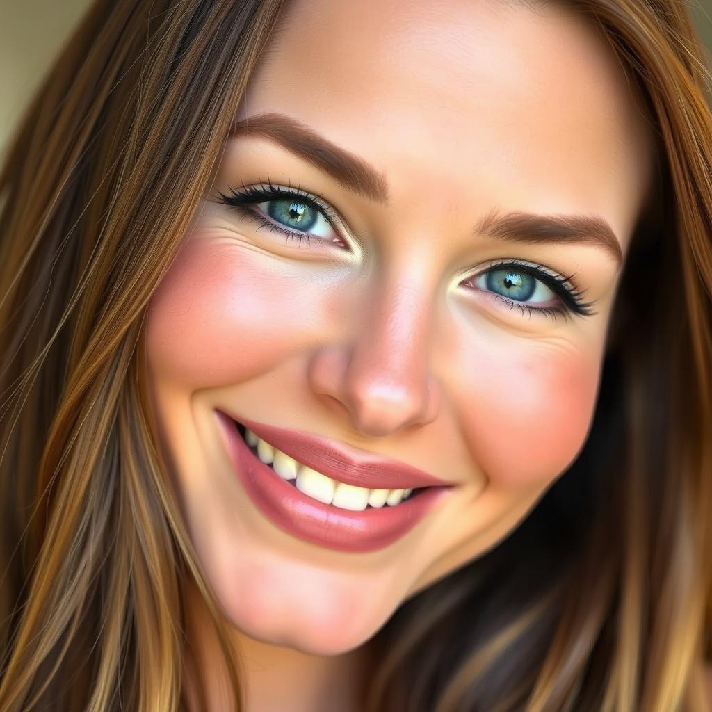 A close-up of a beautiful woman winking and smiling playfully, with captivating blue eyes and soft, radiant skin