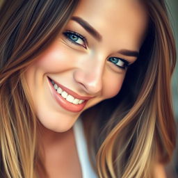 A close-up of a beautiful woman winking and smiling playfully, with captivating blue eyes and soft, radiant skin